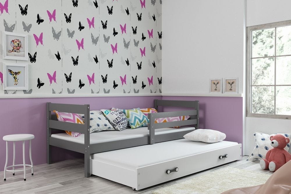 eoshop Detská posteľ Eryk - 2 osoby, 90x200 s výsuvnou prístelkou - Grafit, Biela
